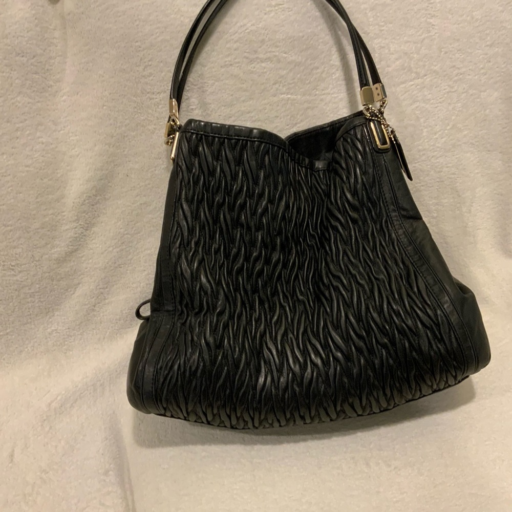 COACH Black Leather Pleated Madison with purple lining